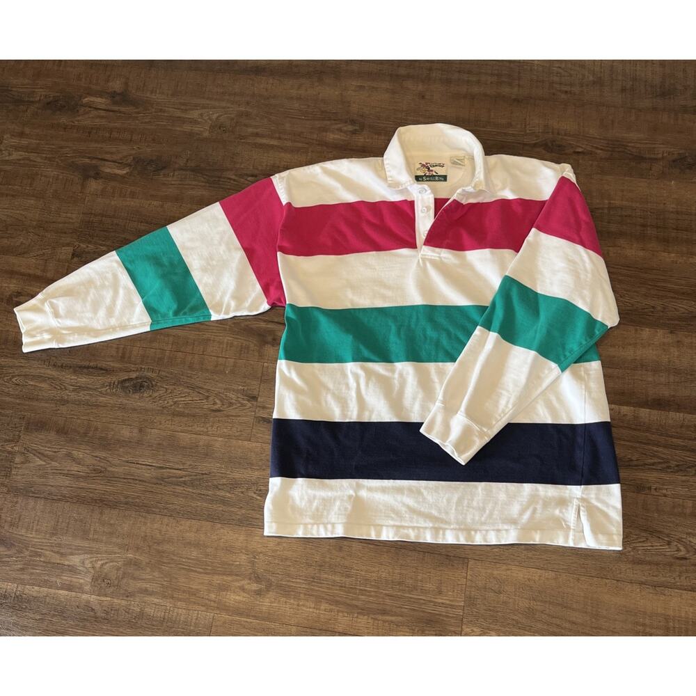 Savile Row Vintage 90s Long Sleeve Rugby Polo Striped Shirt Mens Large L Grunge